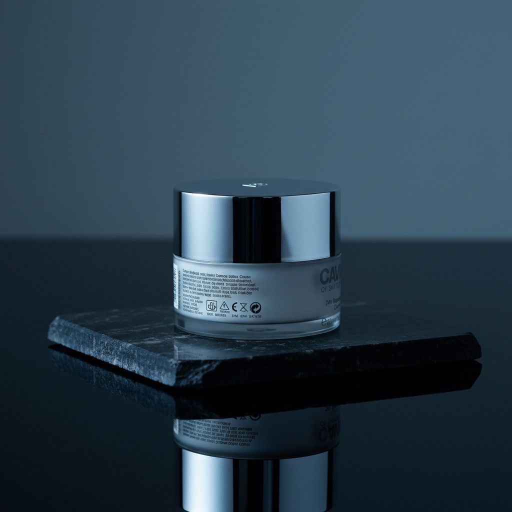 Anti-aging face moisturizer cream with hyaluronic acid and resveratrol in neutral beige jar, featuring regenerating formula for aging spots — view 2