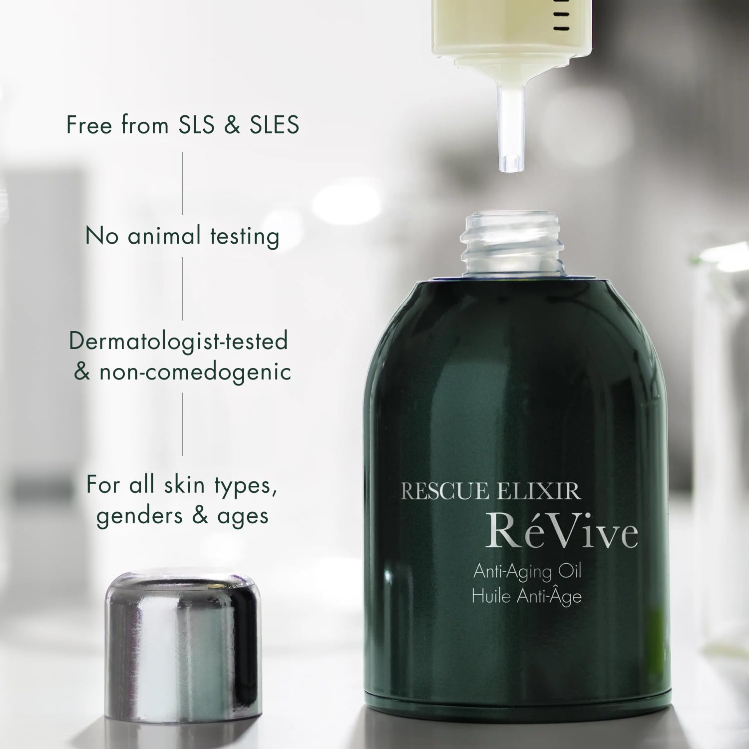 Anti-aging face oil with peptides and murumuru butter in neutral apothecary-style bottle, shown in warm lighting — view 3