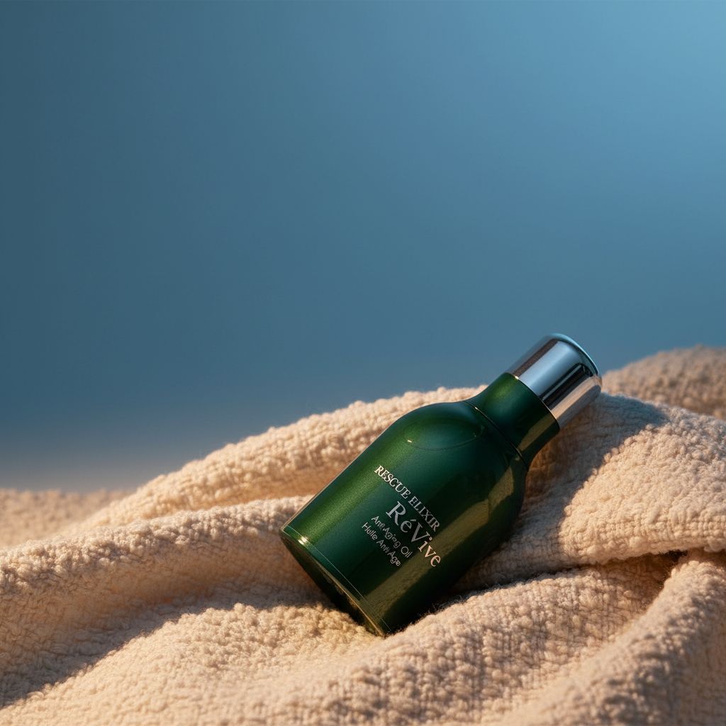 Anti-aging face oil with peptides and murumuru butter in neutral apothecary-style bottle, shown in warm lighting — view 3