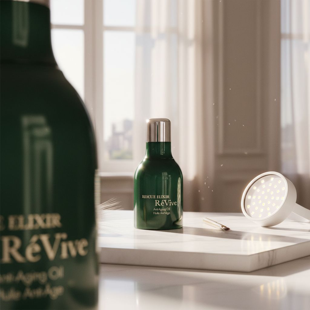 Anti-aging face oil with peptides and murumuru butter in neutral apothecary-style bottle, shown in warm lighting — view 4