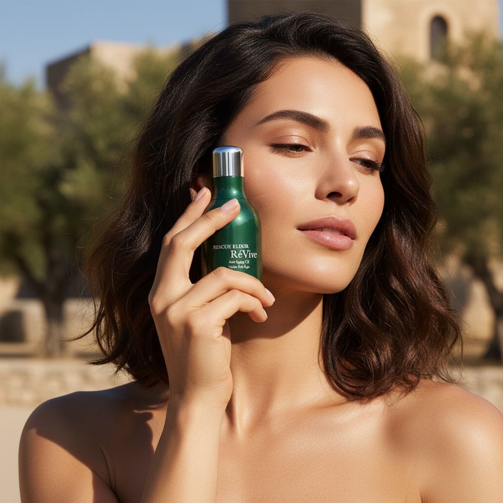 Anti-aging face oil with peptides and murumuru butter in neutral apothecary-style bottle, shown in warm lighting — view 3a