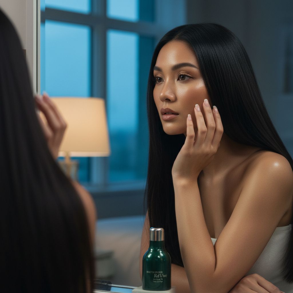 Anti-aging face oil with peptides and murumuru butter in neutral apothecary-style bottle, shown in warm lighting — view 6