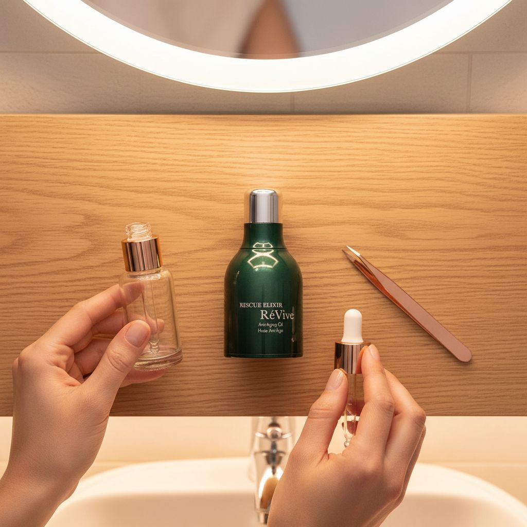 Anti-aging face oil with peptides and murumuru butter in neutral apothecary-style bottle, shown in warm lighting — view 7a