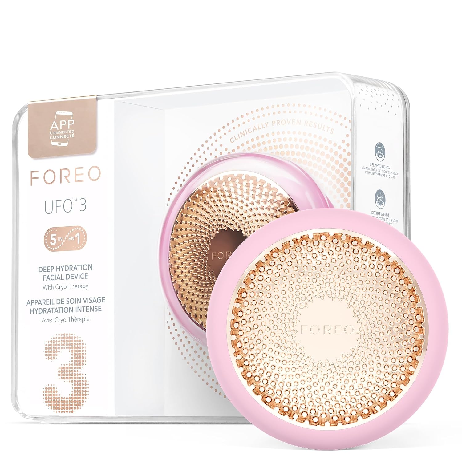 FOREO UFO 3 pearl pink LED light therapy face mask with red light and warming massage technology for anti-aging skincare — view 1