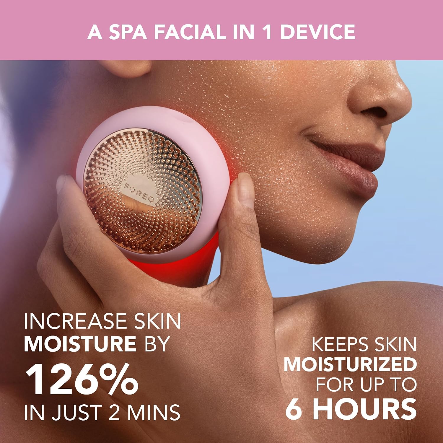 FOREO UFO 3 pearl pink LED light therapy face mask with red light and warming massage technology for anti-aging skincare — view 2