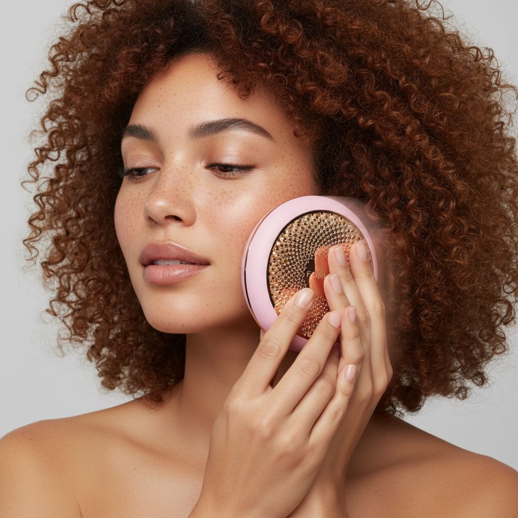 FOREO UFO 3 pearl pink LED light therapy face mask with red light and warming massage technology for anti-aging skincare — view 3a