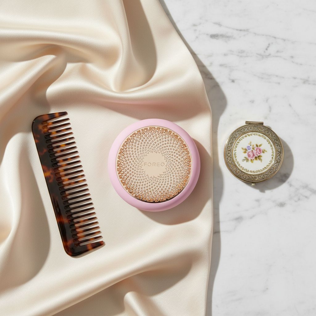 FOREO UFO 3 pearl pink LED light therapy face mask with red light and warming massage technology for anti-aging skincare — view 7a