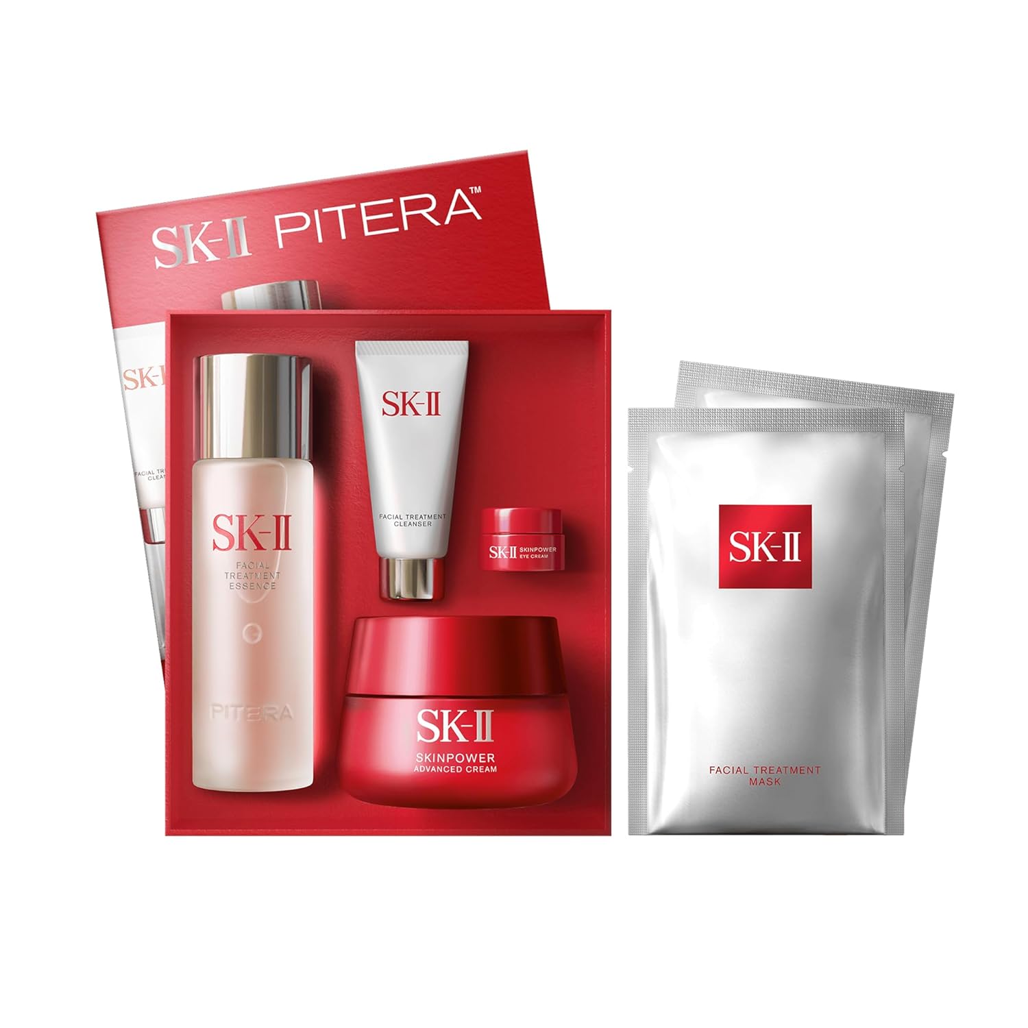 Anti-aging skincare gift set with facial cleanser, essence, face cream, eye cream and treatment masks in neutral apothecary-luxe packaging — front