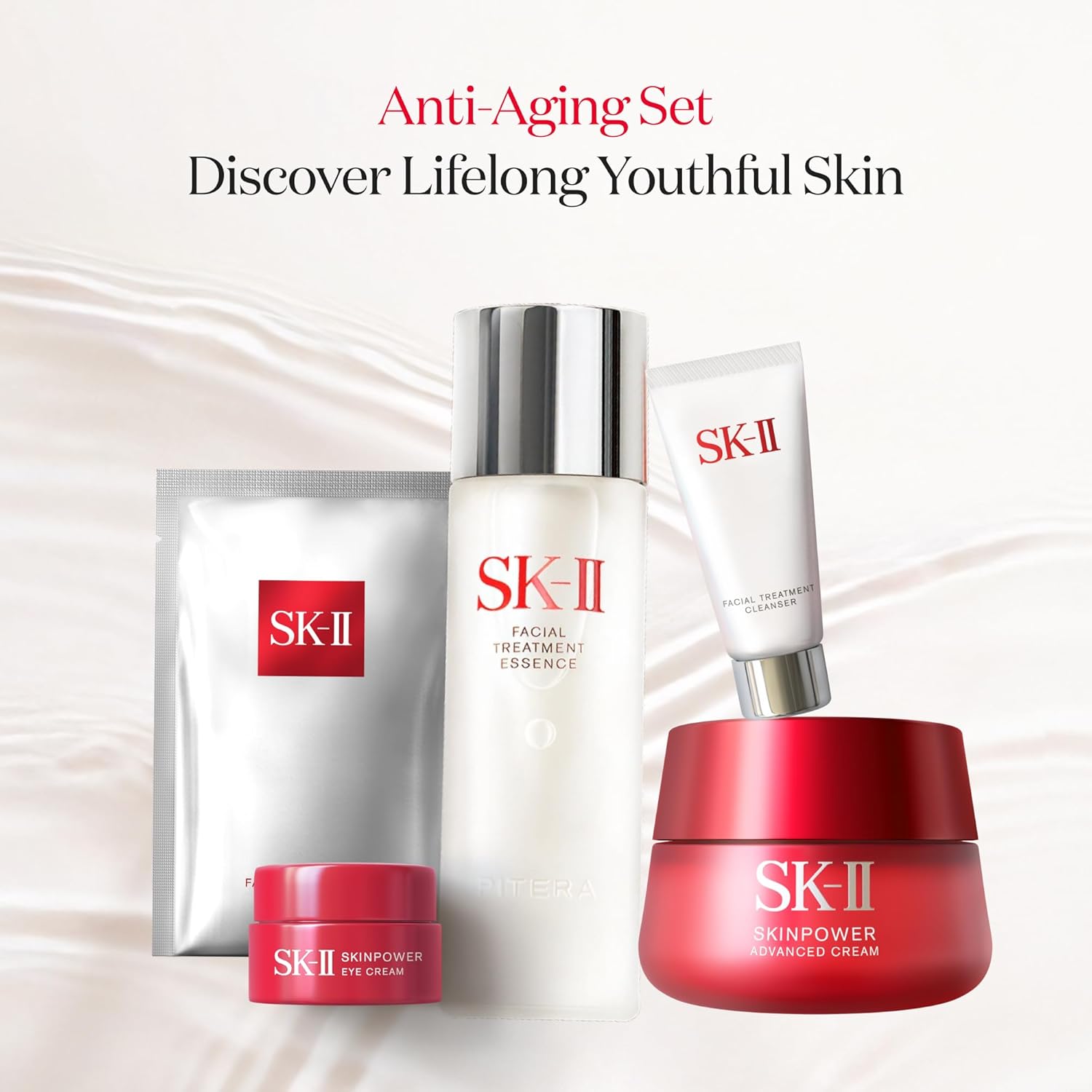 Anti-aging skincare gift set with facial cleanser, essence, face cream, eye cream and treatment masks in neutral apothecary-luxe packaging — side