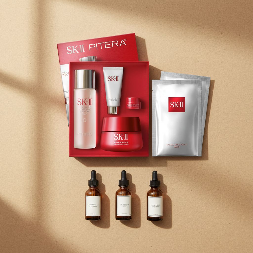 Anti-aging skincare gift set with facial cleanser, essence, face cream, eye cream and treatment masks in neutral apothecary-luxe packaging — view 6