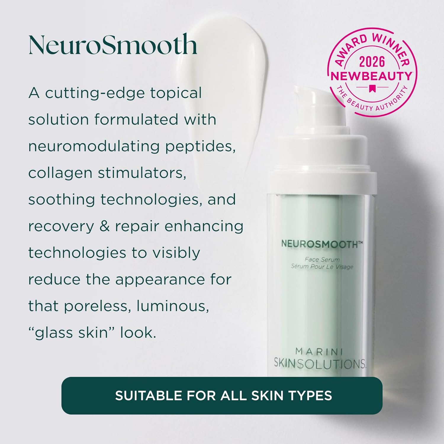 Peptide-powered face serum in neutral apothecary bottle for poreless, glass-smooth skin — side